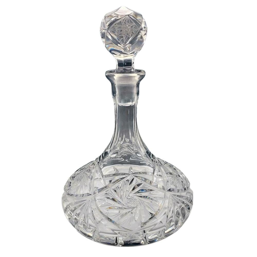 Vintage Deep Cut Glass Ship's Decanter Starburst Pinwheel Pattern Stopper 8 In